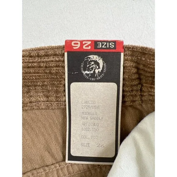 RARE 90s DIESEL Silver Saddle Mens Size 26 Tan Fat Cord Jean NOS with Tags Italy